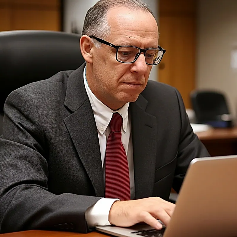 Ricardo Versiani de terno e gravata vermelha, trabalhando no notebook no escritório